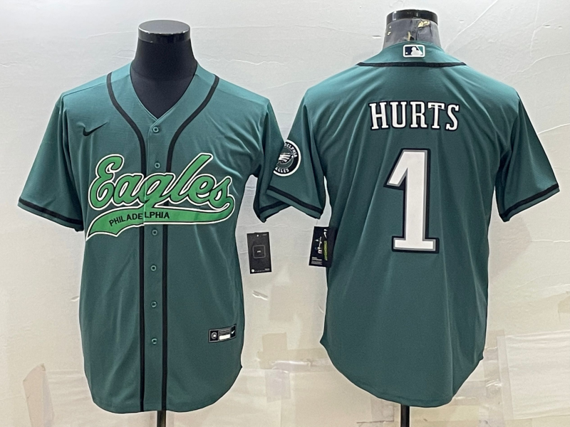 Men's Green Philadelphia Eagles #1 Jalen Hurts With Patch Cool Base Stitched Baseball Jersey